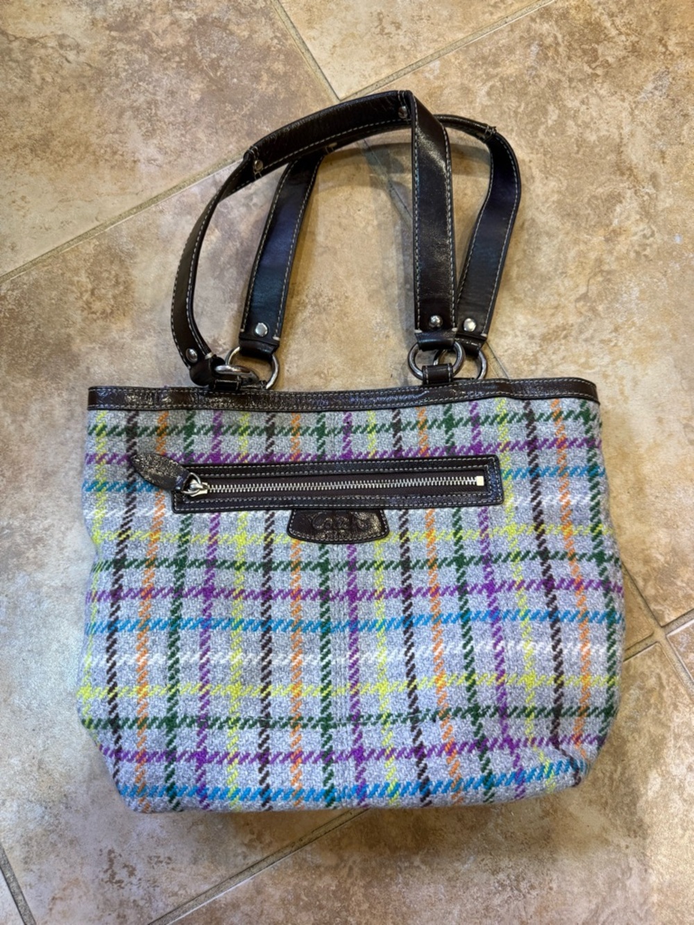 Plaid Multi-Color COACH Women’s Tote Bag with Leather Handles
